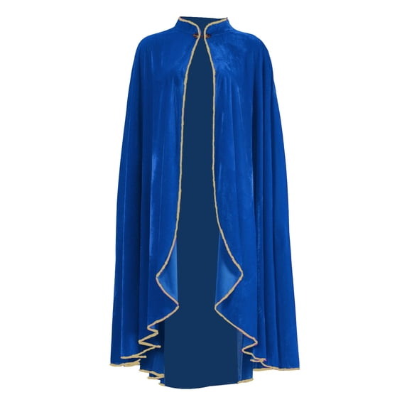 UTSJKR Unisex Velvet Stand‑Collared Full‑Length Cloak with Golden Trim for Medieval Wizard Witch Halloween Cosplay Stage Performance Costume Blue