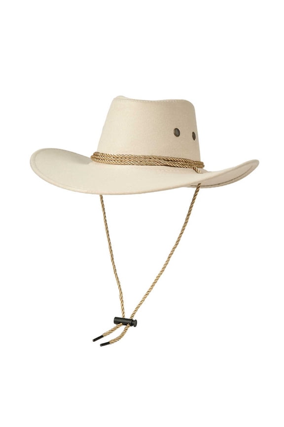 Unisex Vintage Western Cowboy Hat, UPF 50 Wide Brim Jazz Cap with Adjustable Chin Strap for Outdoor White