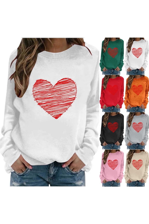 Valentines Day Women's Crewneck Sweatshirts Oversized Heart Print Casual Plus Size Comfy Long Sleeve T-Shirts Pullover Tops Orange L