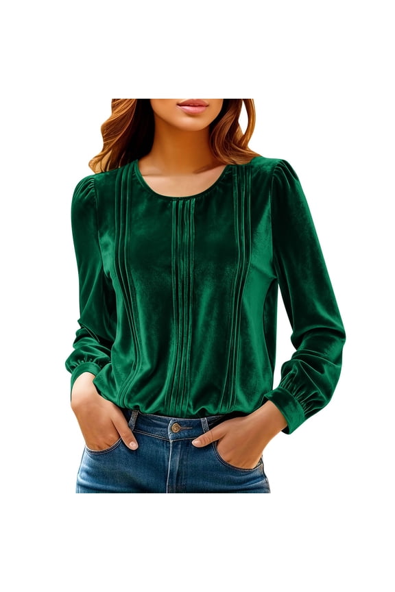 Velvet Tops for Women Crew Neck Pleated Front Puff Long Sleeve Shirts Casual Winter Spring Blouses Top Green XXL