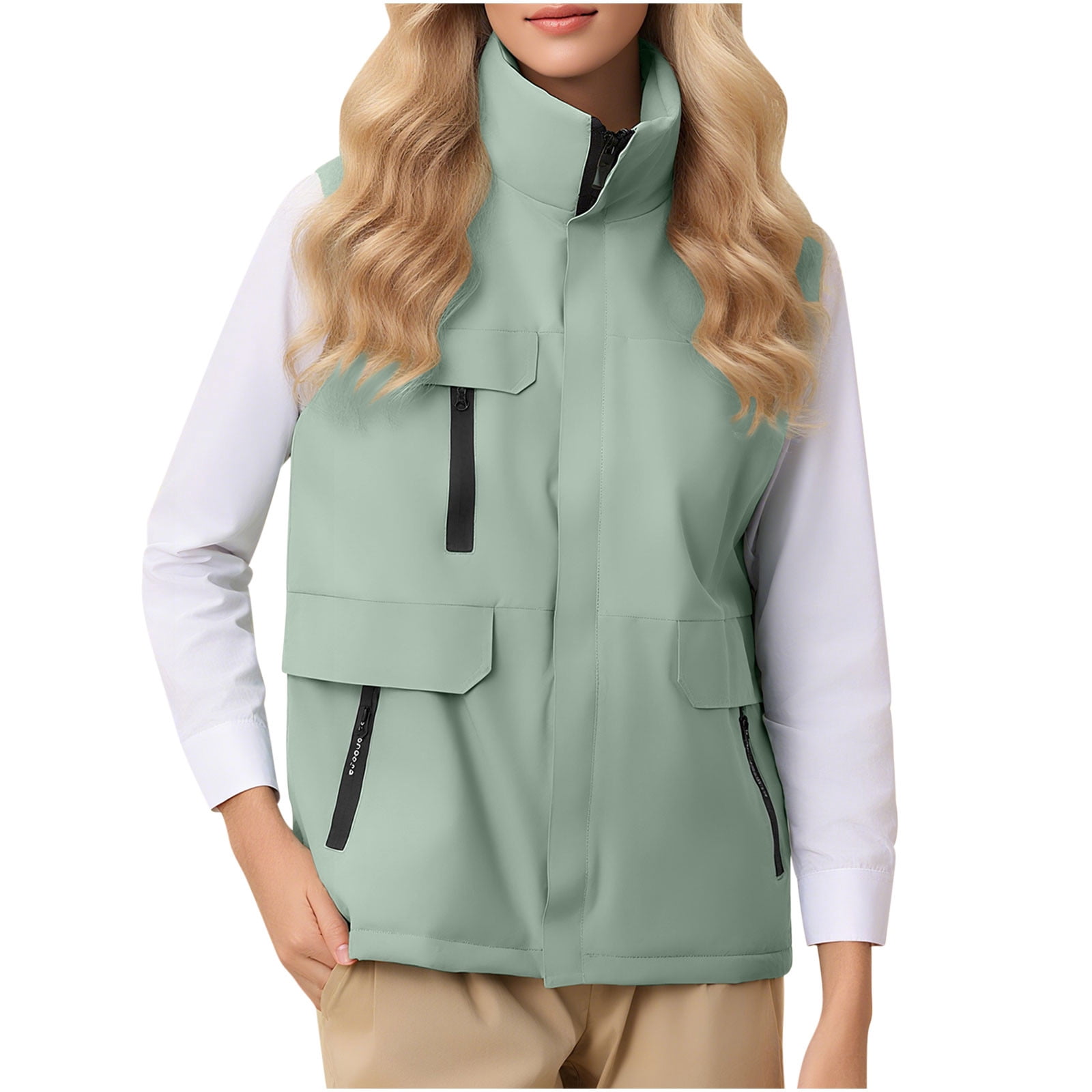 UTSJKR Vests for Women Lightweight Sleeveless Stand Collar Vest Waterproof Hiking Travel Golf Running Jacket with Pockets Green XL