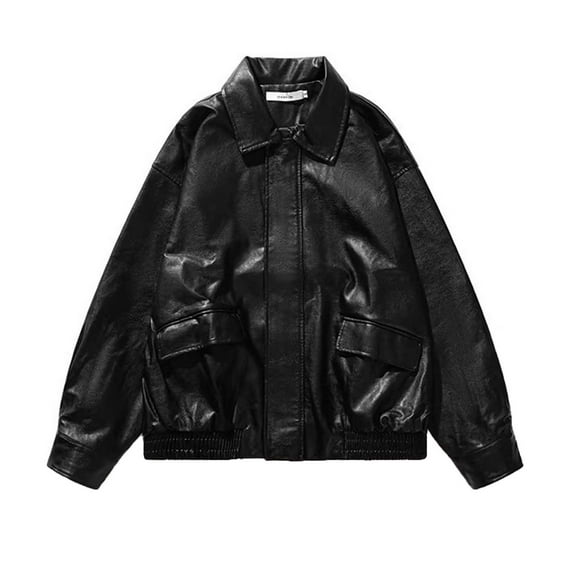 UTSJKR Vintage Faux Leather Jackets for Women Trendy Casual Fall Winter Loose Lapel Collar Zipper Coats with Pockets Black XXL