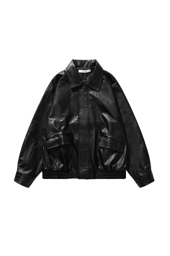 Vintage Faux Leather Jackets for Women Trendy Casual Fall Winter Loose Lapel Collar Zipper Coats with Pockets Black XXL
