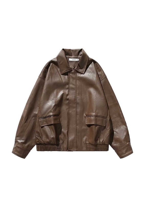 Vintage Faux Leather Jackets for Women Trendy Casual Fall Winter Loose Lapel Collar Zipper Coats with Pockets Brown XXL
