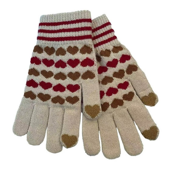 UTSJKR Warm Gloves For Women Cold Weather Cute Heart Pattern Color Block Gloves Thermal Touchscreen Elastic Cuff Knit Mittens Beige