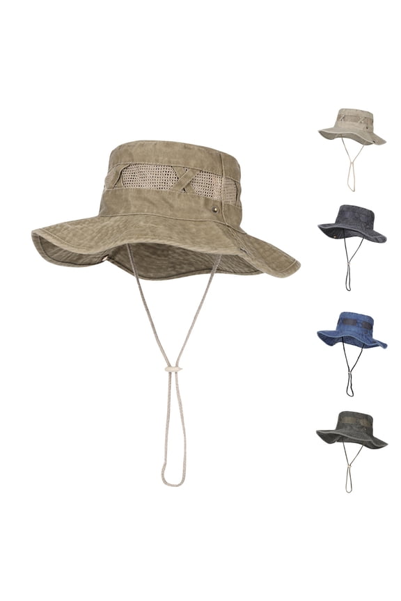 Wide Brim Sun Hat for Mens Womens Breathable Bucket Hat for Fishing Hiking Solid Color Drawstring Fisherman Sun Hats Khaki