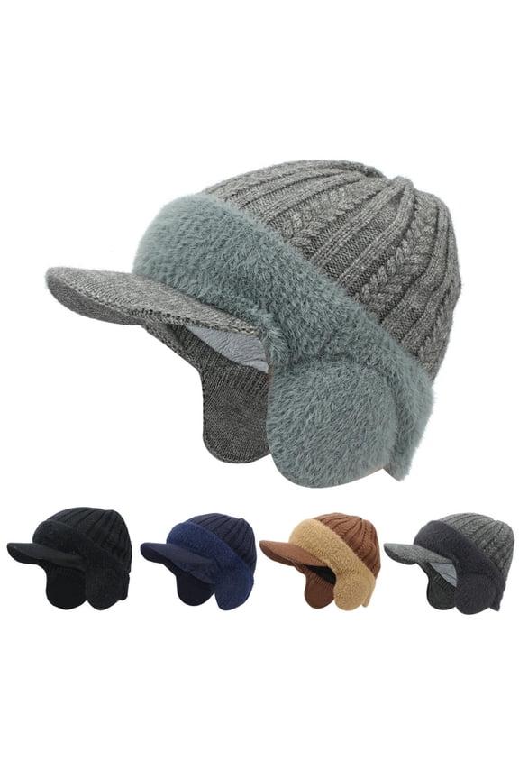 Winter Beanie with Brim Ear Flaps for Men Women, Warm Fleece Lined Knit Hat Stocking Caps for for The Cold Weather Dark Gray