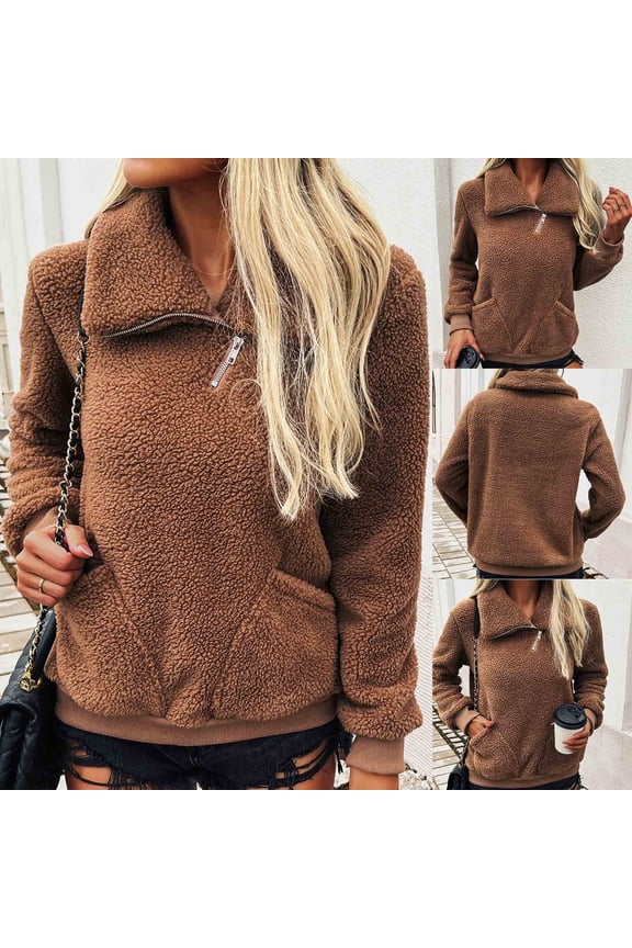 Winter Clothing for Women Sherpa Pullover Fleece Zip Sweatshirt 2026 Spring Fashion Fuzzy Faux Shearling Warm Outwear Khaki S