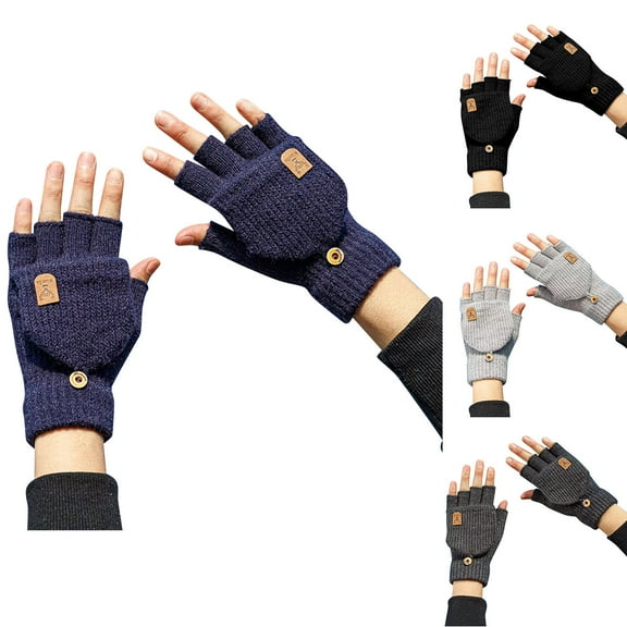 UTSJKR Winter Cold Weather Half Finger Knitted Warm Gloves for Women, Stretch Comfy Adult Fingerless Fuzzy Gloves with Flip Black