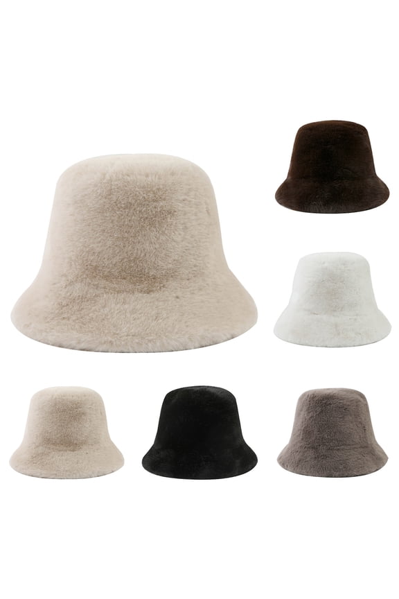 Winter Faux Fur Fuzzy Bucket Hat Fluffy Warm Hat Furry Fisherman Cap for Women Wide Brim Soft Fisherman Cap Black