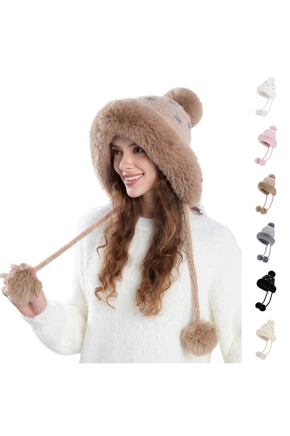 Winter Fluffy Knit Beanie Hats for Women with Ear Flaps Faux Fur Crochet Skullies Cap Warm Ski Snow Hats Pompoms Beige