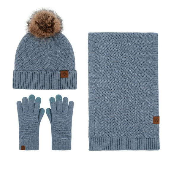 UTSJKR Winter Scarf Hat Glove Set Rhombus Knitted Beanie Hat with Pom Pom Long Scarf Touch Screen Gloves Warm Soft Wool Light Blue