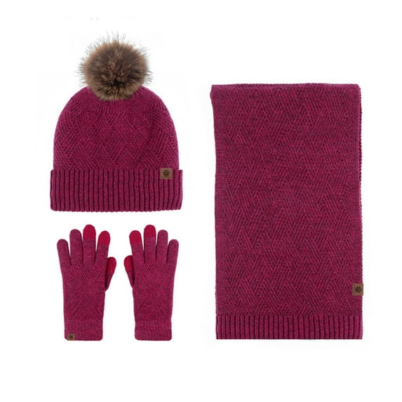 UTSJKR Winter Scarf Hat Glove Set Rhombus Knitted Beanie Hat with Pom Pom Long Scarf Touch Screen Gloves Warm Soft Wool Wine