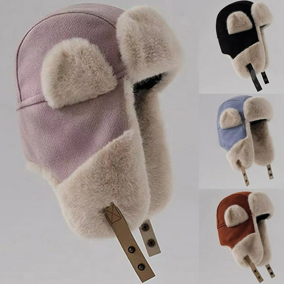 UTSJKR Winter Trapper Hat for Women Men Warm Windproof Trooper Hats with Earflaps Faux Fur Ushanka Russian Hat Solid Color Black