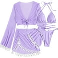 thumbnail image 1 of UTSJKR Women 4 Pieces Bikini Set Flattering String Triangle Thong Swimsuit with Long Sleeve Tassel Mesh Cover Up Fringe Mini Skirt Purple S, 1 of 5