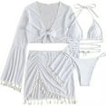 thumbnail image 1 of UTSJKR Women 4 Pieces Bikini Set Flattering String Triangle Thong Swimsuit with Long Sleeve Tassel Mesh Cover Up Fringe Mini Skirt White L, 1 of 6
