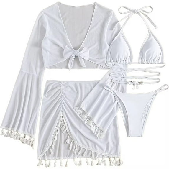 UTSJKR Women 4 Pieces Bikini Set Flattering String Triangle Thong Swimsuit with Long Sleeve Tassel Mesh Cover Up Fringe Mini Skirt White L