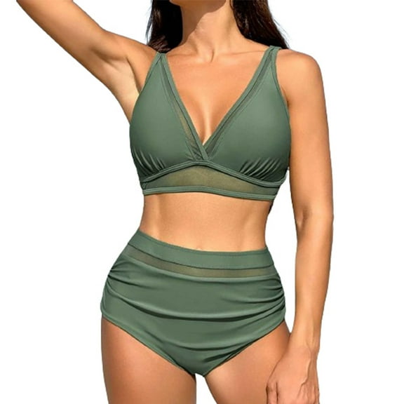 UTSJKR Women Bikini Sets Flattering Mesh Tummy Control 2 Piece Swimsuits Deep V Neck Swimsuits Trendy Swim Suits for Women 2026 Green S