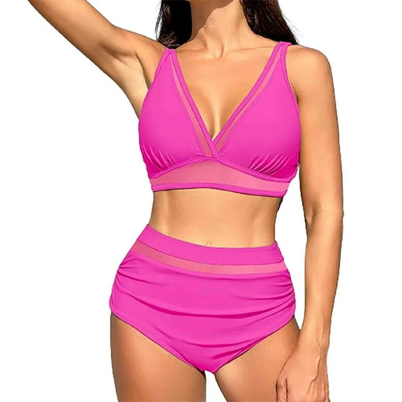 UTSJKR Women Bikini Sets Flattering Mesh Tummy Control 2 Piece Swimsuits Deep V Neck Swimsuits Trendy Swim Suits for Women 2026 Hot Pink XXL