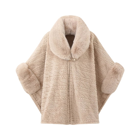UTSJKR Women Cable Embossed Faux Fur Collar Cape Coat Buckle Closure Loose Poncho Jacket for Cold Season Daily Outfit Beige