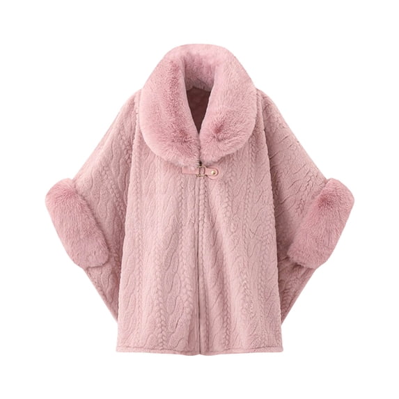 UTSJKR Women Cable Embossed Faux Fur Collar Cape Coat Buckle Closure Loose Poncho Jacket for Cold Season Daily Outfit Pink