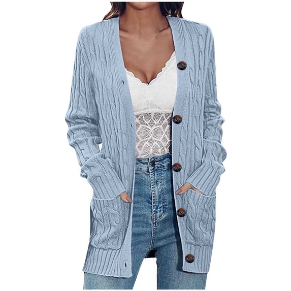 UTSJKR Women Casual Cable Knit Cardigan Tops 2025 Fall Winter Long Sleeve Button Down Open Front Sweater Coats with Pocket Blue S