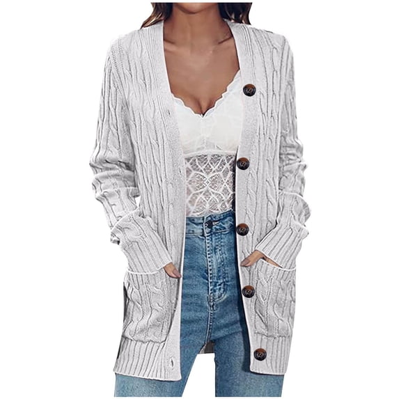 UTSJKR Women Casual Cable Knit Cardigan Tops 2025 Fall Winter Long Sleeve Button Down Open Front Sweater Coats with Pocket White XL