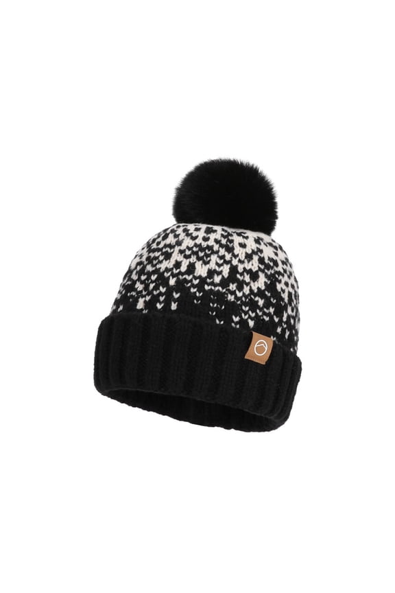 Women Classic Fair Isle Pattern Pom Pom Knit Beanie, Thick Fleece Lined Super Warm, Cold Resistant Fashion Daily Outdoor Ladies Hat Black