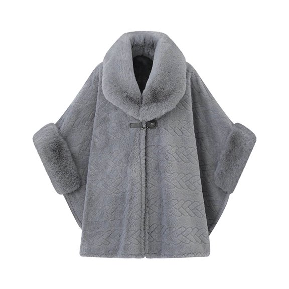 UTSJKR Women Embossed Pattern Faux Fur Collar Cape Coat Buckle Fasten Loose Poncho Jacket for Casual Winter Outfit Gray