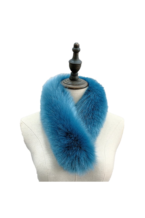 Women Fashion Solid Color Faux Fox Fur Scarf Collar Winter Soft Warm Neck Warmer Wrap Fuzzy Winter Warm Fur Collar Scarf Blue