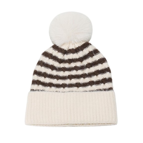 UTSJKR Women Fashion Zebra Print Faux Fur Knit Warm Hat, Cute Pom Pom Edge Decoration, Cold Weather Trendy Casual Ladies Outdoor Headwear Beige M