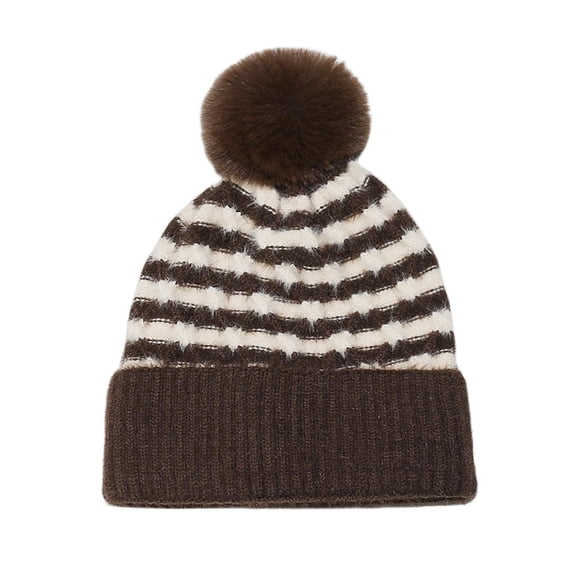 UTSJKR Women Fashion Zebra Print Faux Fur Knit Warm Hat, Cute Pom Pom Edge Decoration, Cold Weather Trendy Casual Ladies Outdoor Headwear Coffee M