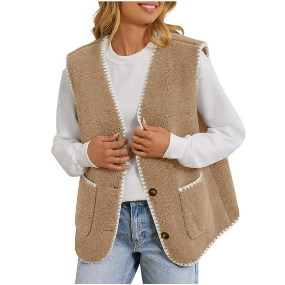 UTSJKR Women Fleece Lightweight Vest V Neck Open Front Button Down Sleeveless Casual Warm Sherpa Outwear with Pockets Khaki L