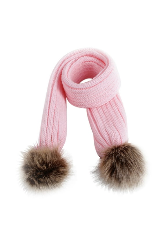 Women Girls Knitted Scarf with Cute Pompom, Winter Warm Chunky Knit Scarf for Kids Stylish Cold Weather Accessories Pink