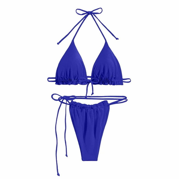UTSJKR Women Halter String Bikini Set Flattering Thong Cheeky Two Piece Swimsuits Solid Color Bathing Swimwear Blue XL