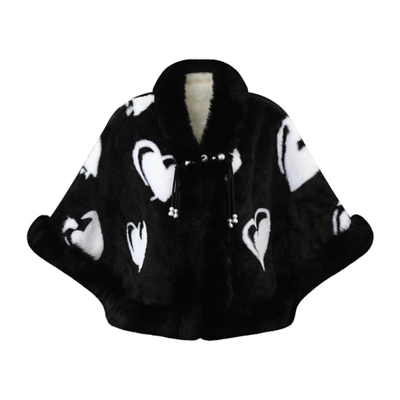 UTSJKR Women Heart Pattern Faux Fur Trim Poncho Cape Pearl Tassel Detail Warm Wrap Coat for Fall Winter Daily Dressing Black