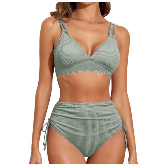 UTSJKR Women High Waisted Bikini Set Two Piece Push Up Bathing Suits Double Straps Swimsuits with Side Strap Thong Bottoms Green S