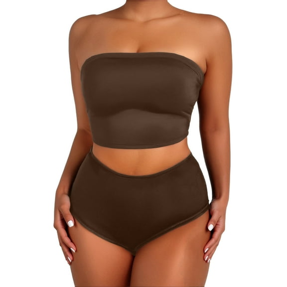 UTSJKR Women High Waisted Bikini Sets Ribbed Solid Color Strapless Tube Tops with Shorts Bandeau Swimsuits Bathing Suit Coffee M