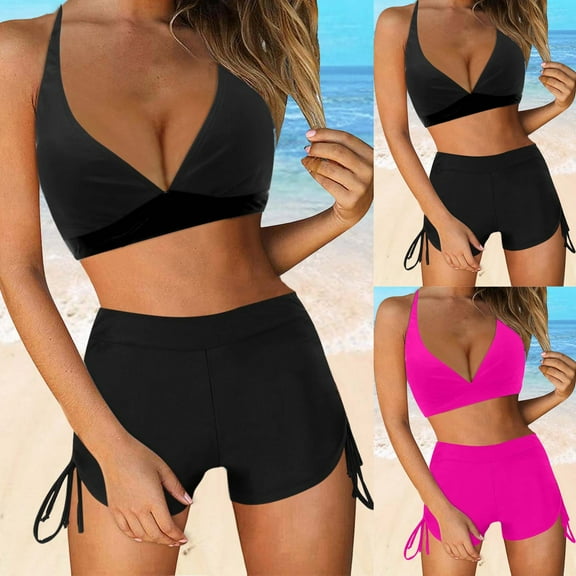 UTSJKR Women High Waisted Bikini Sets Two Piece Swimsuit Athletic Bathing Suits Tummy Control Swimwear with Boy Shorts Black M
