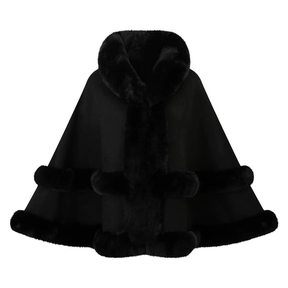 UTSJKR Women Hooded Faux Fur Trim Poncho Cape Loose Batwing Sleeve Warm Shawl Wrap Coat for Cold Winter Occasions Black