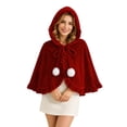 thumbnail image 1 of UTSJKR Women Hooded Velvet Christmas Cape, Ruffled Edge Cloak with Pom‑Pom Decor, Short Poncho Outerwear for Holiday and Little Red Riding Hood Dress‑Up Wine, 1 of 9