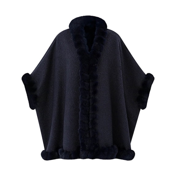UTSJKR Women Knit Poncho Cape Open Front Faux Fur Trim Edge Loose Batwing Sleeve Shawl Wrap Coat for Autumn Winter Navy