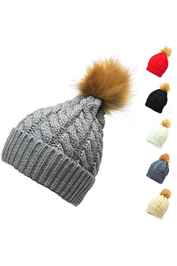 Women Knit Slouchy Crochet Beanie Hat with Faux Fur Pompom Winter Soft Warm Thick Warm Ear Protection Hood White