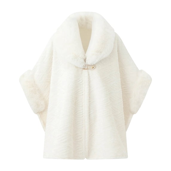UTSJKR Women Large Faux Fur Collar Cape Coat Textured Fabric Buckle Fasten Loose Poncho Jacket for Winter Daily Look White
