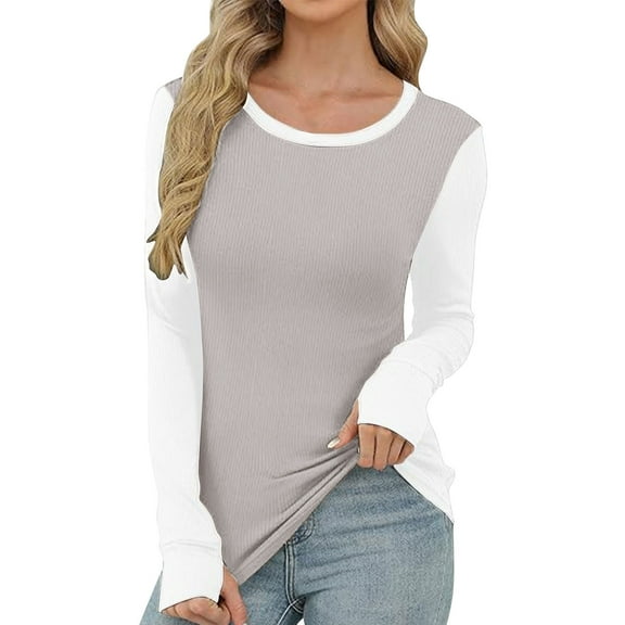 UTSJKR Women Long Sleeve Shirts Ribbed Knit Slim Fitted Tops Casual Basic Tight Tee T-Shirts 2026 Spring Underscrubs Layer Gray XL