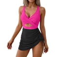 thumbnail image 1 of UTSJKR Women Mesh One Piece Swimdress Swimsuit Tummy Control V Neck Cutout Bathing Suit Wrap Drawstring Sarong Swimwear Hot Pink M, 1 of 6