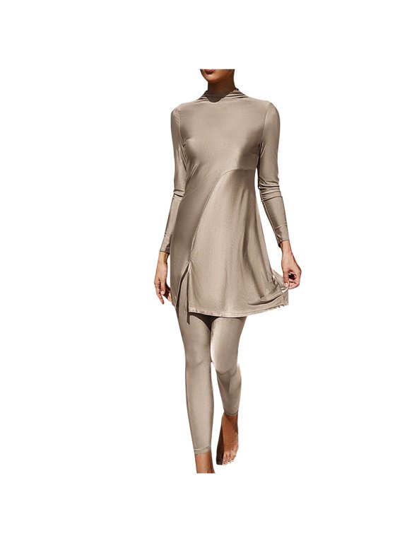 Women Muslim Swimsuits Two Piece Modest Bikini Swimwear Islamic Long Sleeve Full Cover Swim Top Leggings Pants Bathing Suits Khaki L