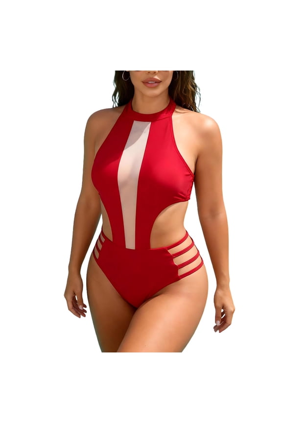 Women One Piece Sexy Mesh Patchwork Swimsuit Halter Tie Backless Bathing Suit Cutout Monokini Swimwear 2026 Beach Outfit Red L
