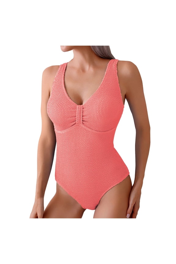Women One Piece Swimsuit Trendy Casual Summer Solid Ribbed Monokini Swimwear Classic V Neck Low Back Bathing Suit Watermelon Red 10