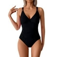 thumbnail image 1 of UTSJKR Women One Piece Swimsuits Solid Color Bathing Suit V Neck Tummy Control Double Straps Retro Bathing Suit Black M, 1 of 9